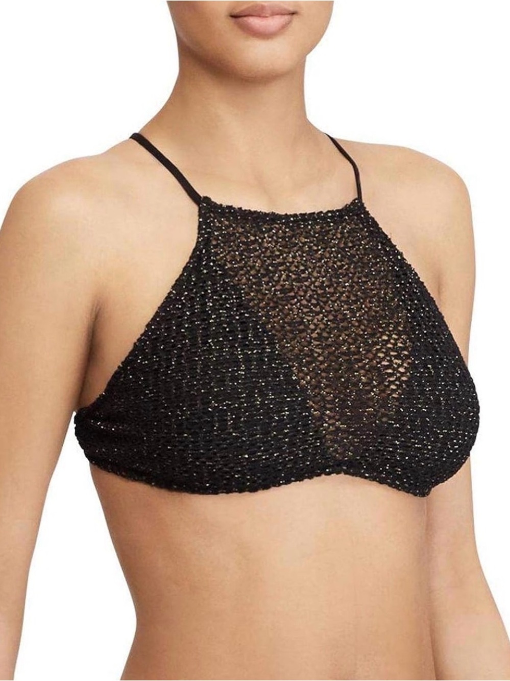 Polo Ralph Lauren Women's Metallic Crocheted High Neck Bikini Top Small Black